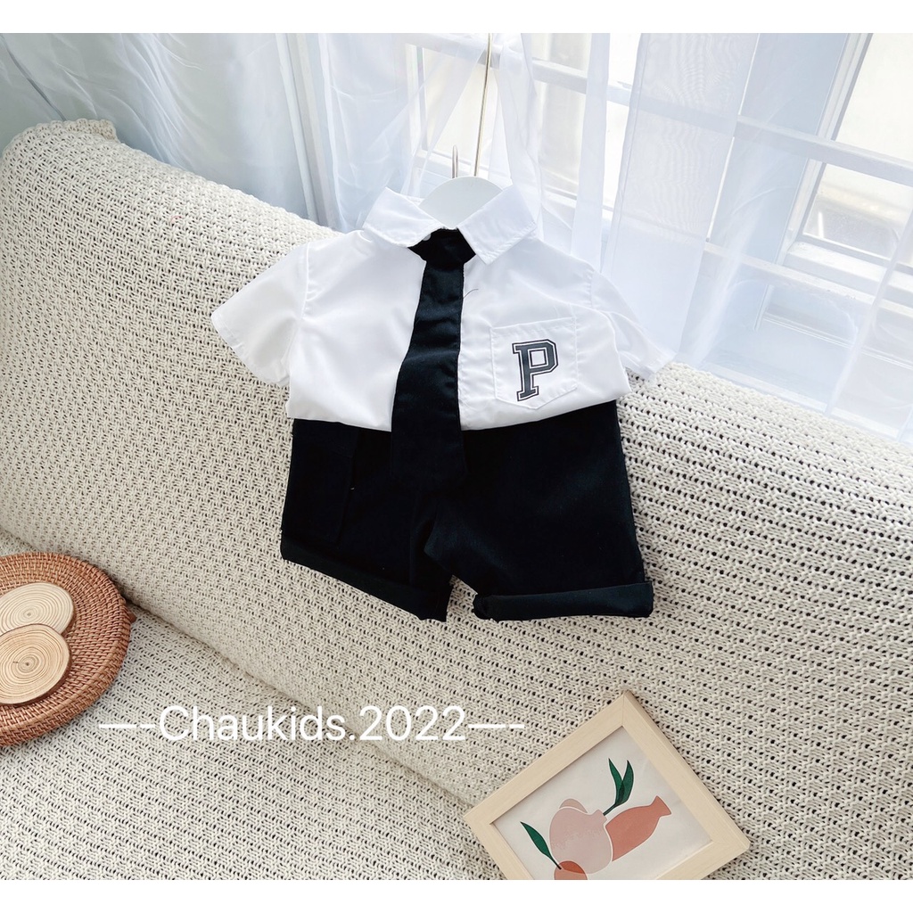 SALE SET SƠ MI CÔNG TỬ KÈM CÀ VẠT THỜI TRANG CHO BÉ TRAI SIZE 9-19KG(SMKV)