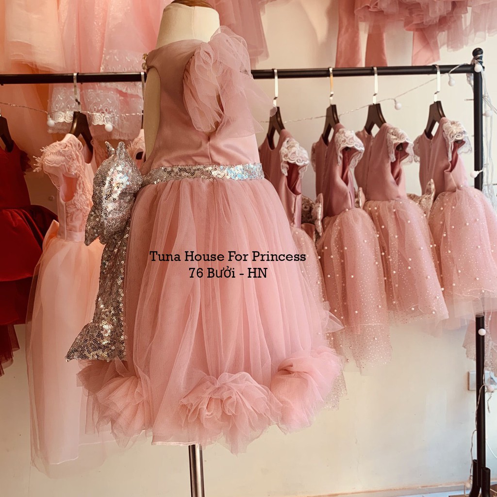 [Sẵn size 9-35kg] Váy đầm xoè công chúa thiết kế cho bé gái xù chân bông hồng tặng băng đô - Tuna House For Princess