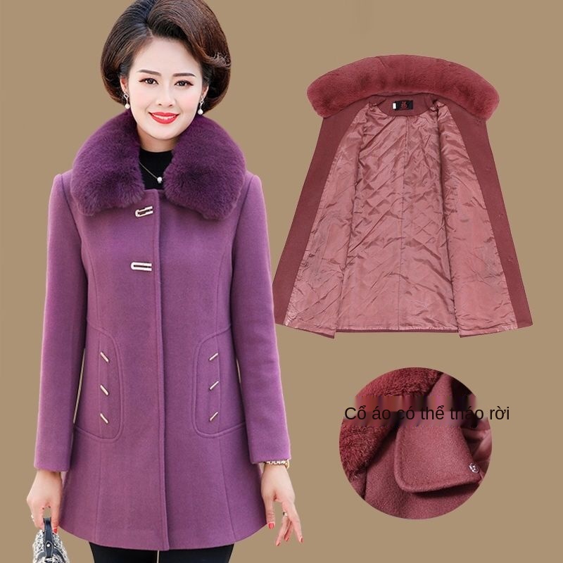 Áo khoác len nữ trung niên và người già, niên, đầm mẹ thu đông cotton 40-50