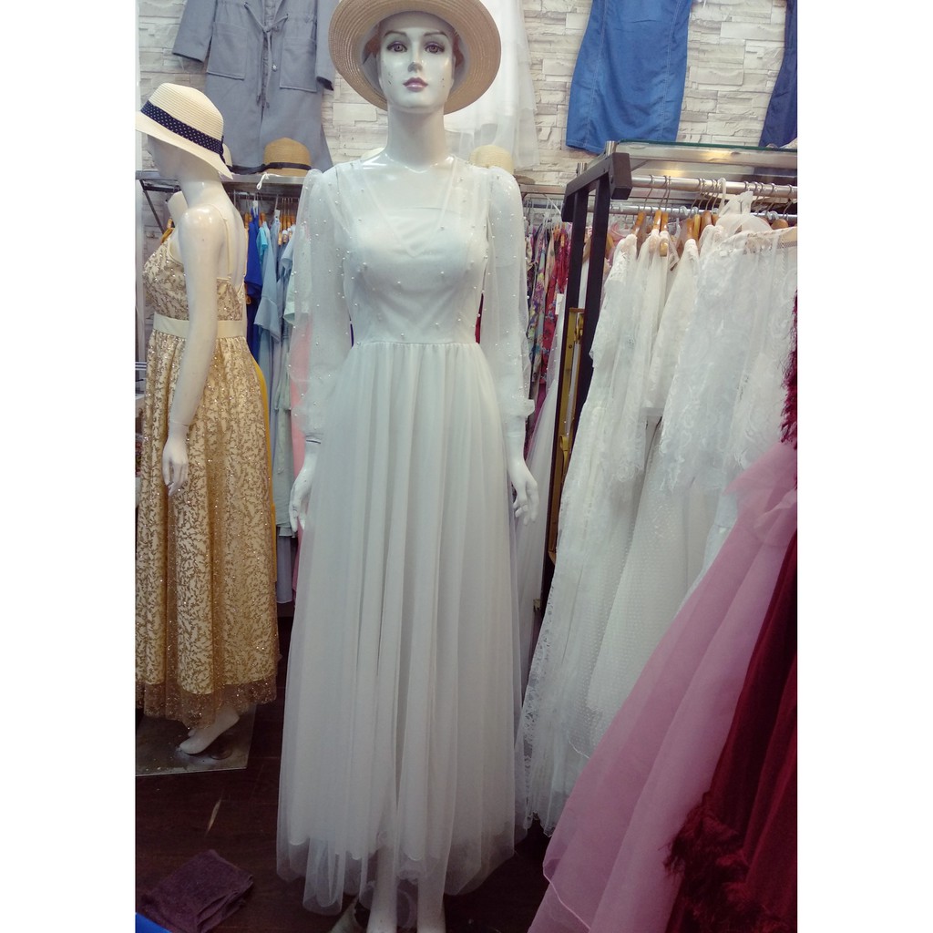 Đầm maxi dạ hội tay dài đính hạt sang trọng trắng, hồng - Hình thật Sp 100% | BigBuy360 - bigbuy360.vn