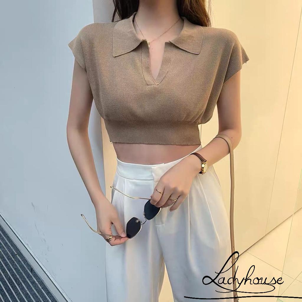 LD-Áo Croptop Dệt Kim Tay Ngắn Phong Cách Retro Hàn Quốc Thời Trang Mùa Hè 4 Màu Tùy Chọn Cho Nữ