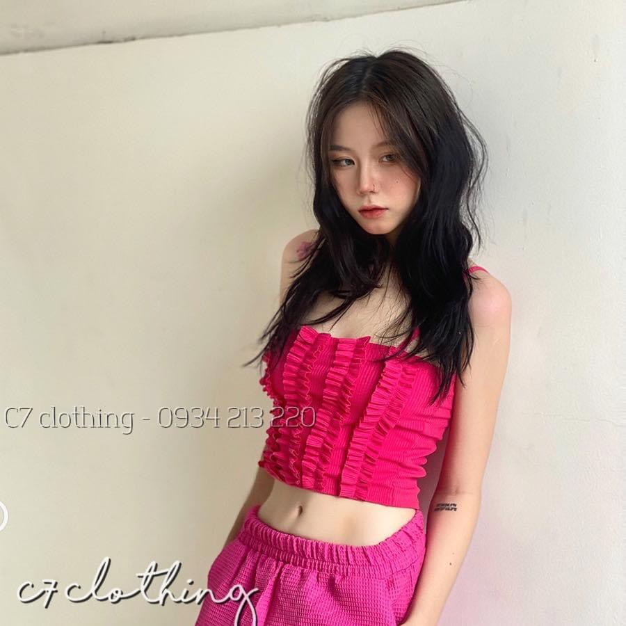 (freeship-ảnh thật) Áo kiểu 2 dây croptop viền bèo đứng cực xinh , chất thun gân mềm mịn