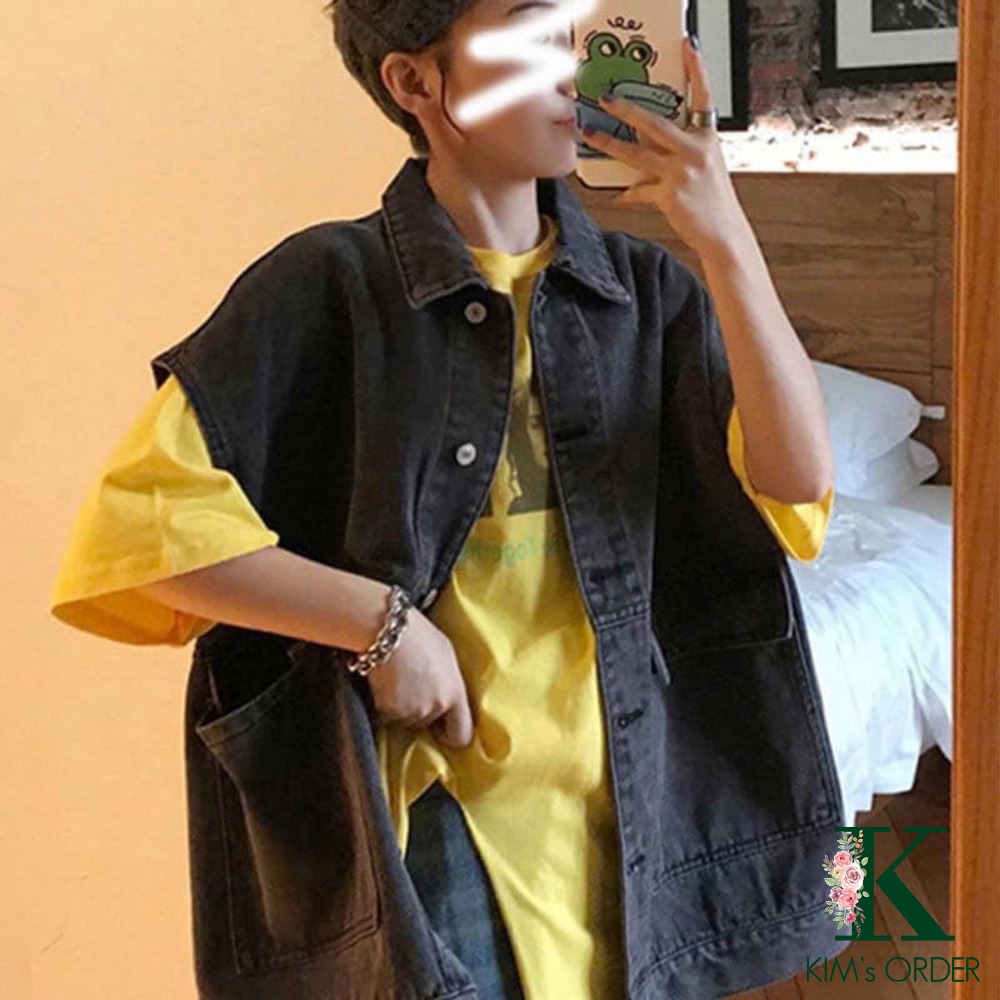 Áo khoác jean nam nữ form rộng Oversize sát nách phong cách Ulzzang hai màu xanh đen