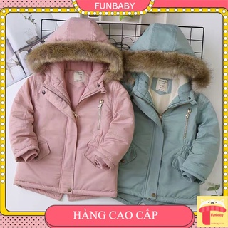 Áo khoác cho bé mũ lông 4-12 tuổi mũ vành lông khóa đồng, Áo Parka bé gái bên trong lót lông hàng xuất khẩu xịn sò