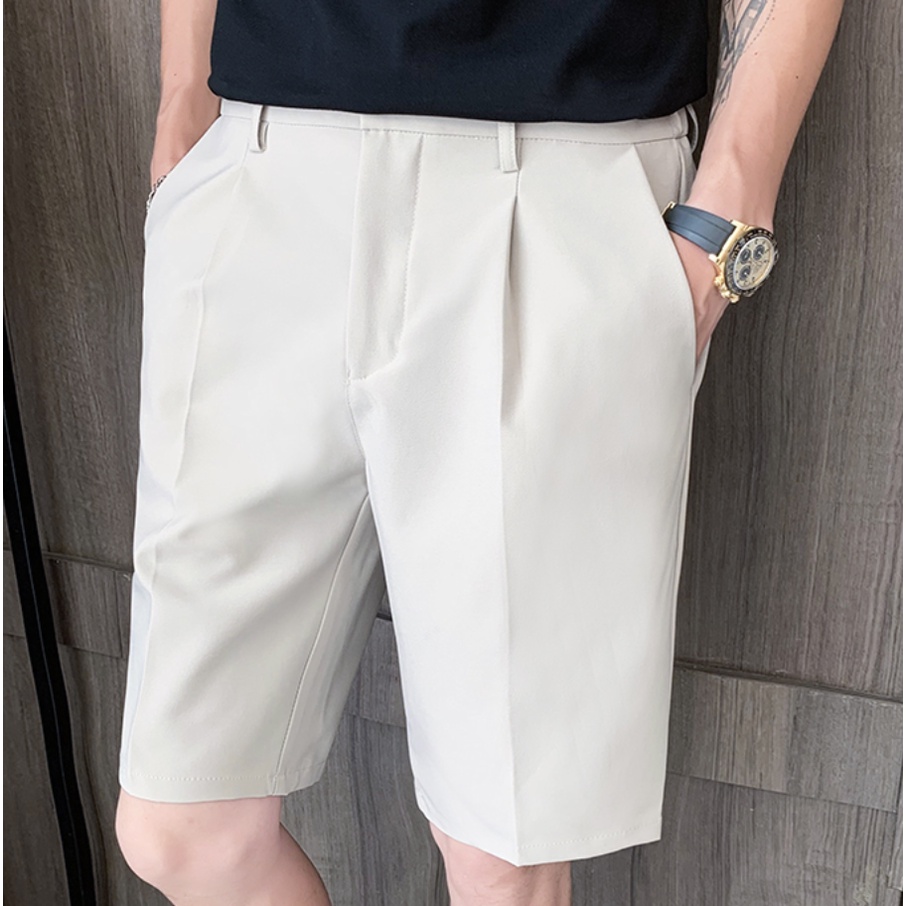 Quần Short Nam Kem, Be Vải Tây Âu Cạp Nút Thoáng Mát Đi Biển Phong Cách Hàng Quốc-QD04