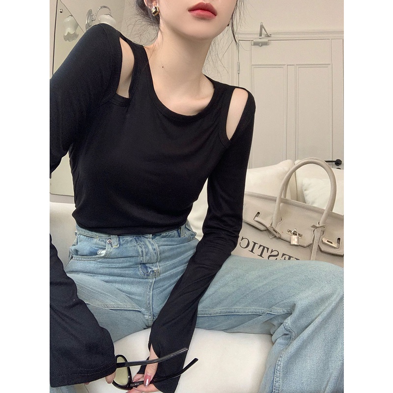 Áo croptop QKOOLE tay dài cổ tròn dáng ôm gợi cảm thời trang Hàn Quốc cho nữ