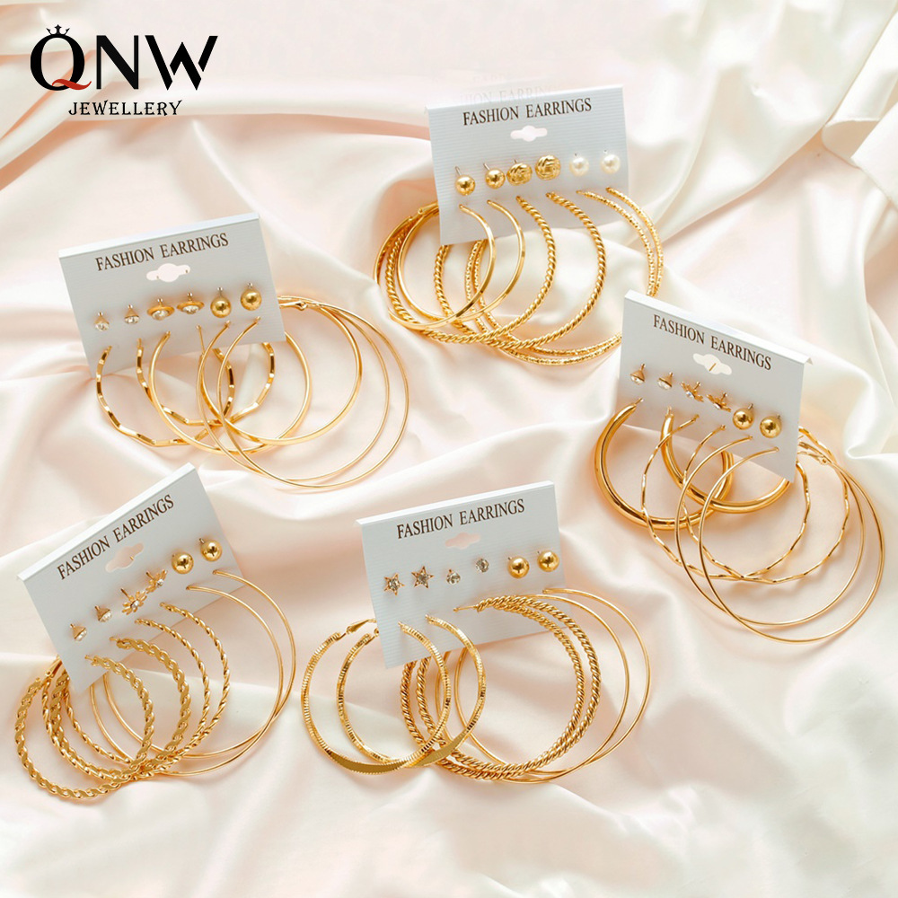 Bộ 6 đôi bông tai hình tròn lớn kiểu thời trang Hàn Quốc đơn giản