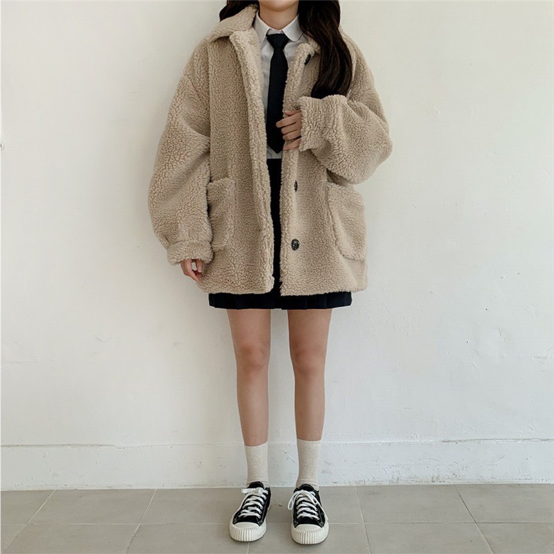 Áo khoác lông trơn thiết kế cúc đen KUDOSHOP Áo khoác ngoài form rộng 2 màu unisex dễ phối đồ