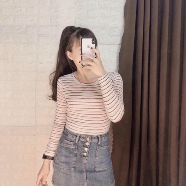 Áo len gân croptop sọc tay dài ( hình thật )