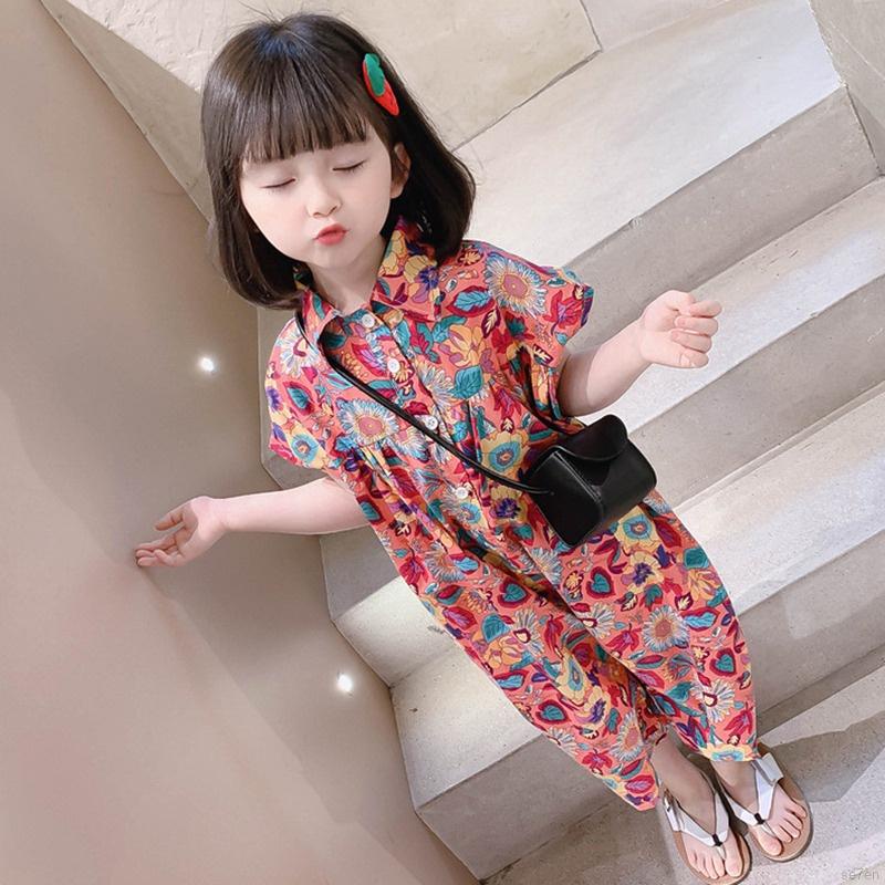 Bộ áo liền quần tay ngắn họa tiết hoa phong cách Hàn Quốc thời trang mùa hè cho bé gái
