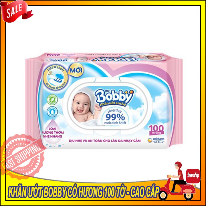 [HÀ NỘI] Khăn Ướt Bobby Không Mùi và Mùi Hương Dịu nhẹ 100 tờ NANO Bạc Kháng Khuẩn (Màu Xanh, Hồng)