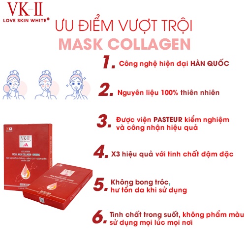 Mặt nạ nâng cơ, tái tạo Nhân sâm VK II Love Skin White Facial Mask Collagen Ginseng hộp 6 miếng