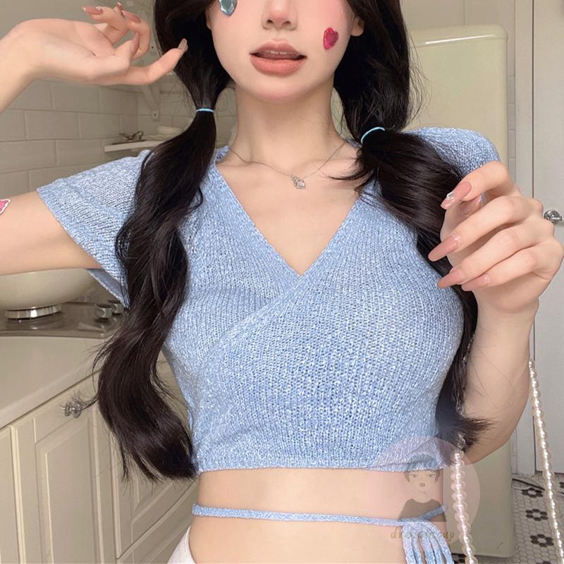 Áo Dệt Kim Ngắn Tay Cổ Chữ V Màu Trơn Thời Trang Cho Nữ