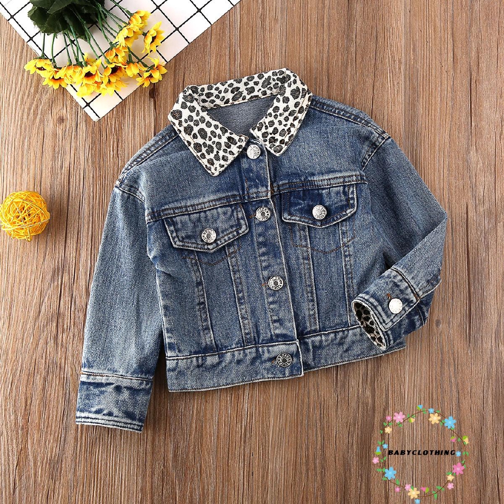 ღWSVღToddler Kids Girl Denim Blue Long Sleeve Slim Fit Jacket Leopard Turn-Down Collar Coat