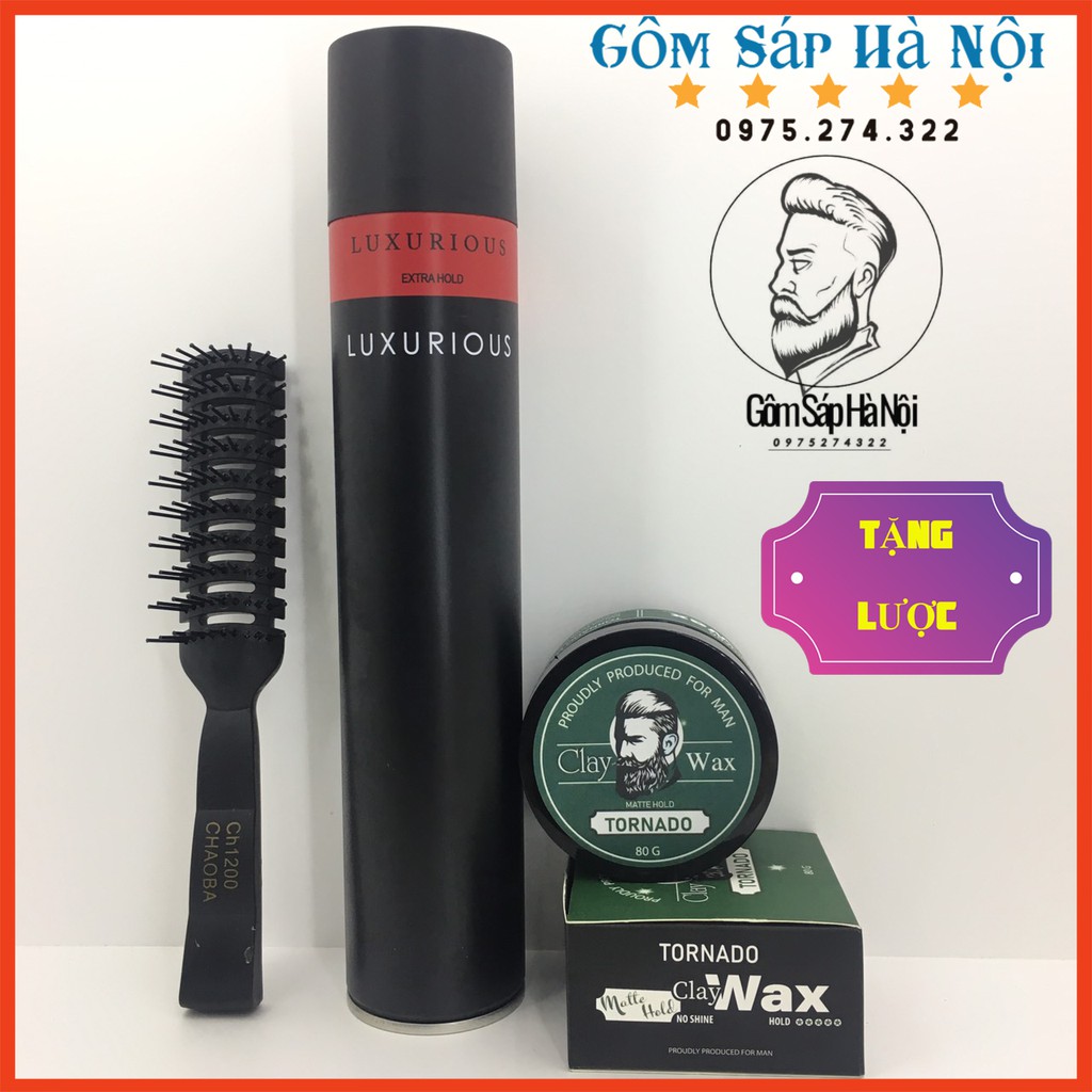 COMBO Giữ Nếp Gôm Xịt Tóc Luxuryous 400ml + Sáp Vuốt Tóc Tornado Tặng Kèm Lước