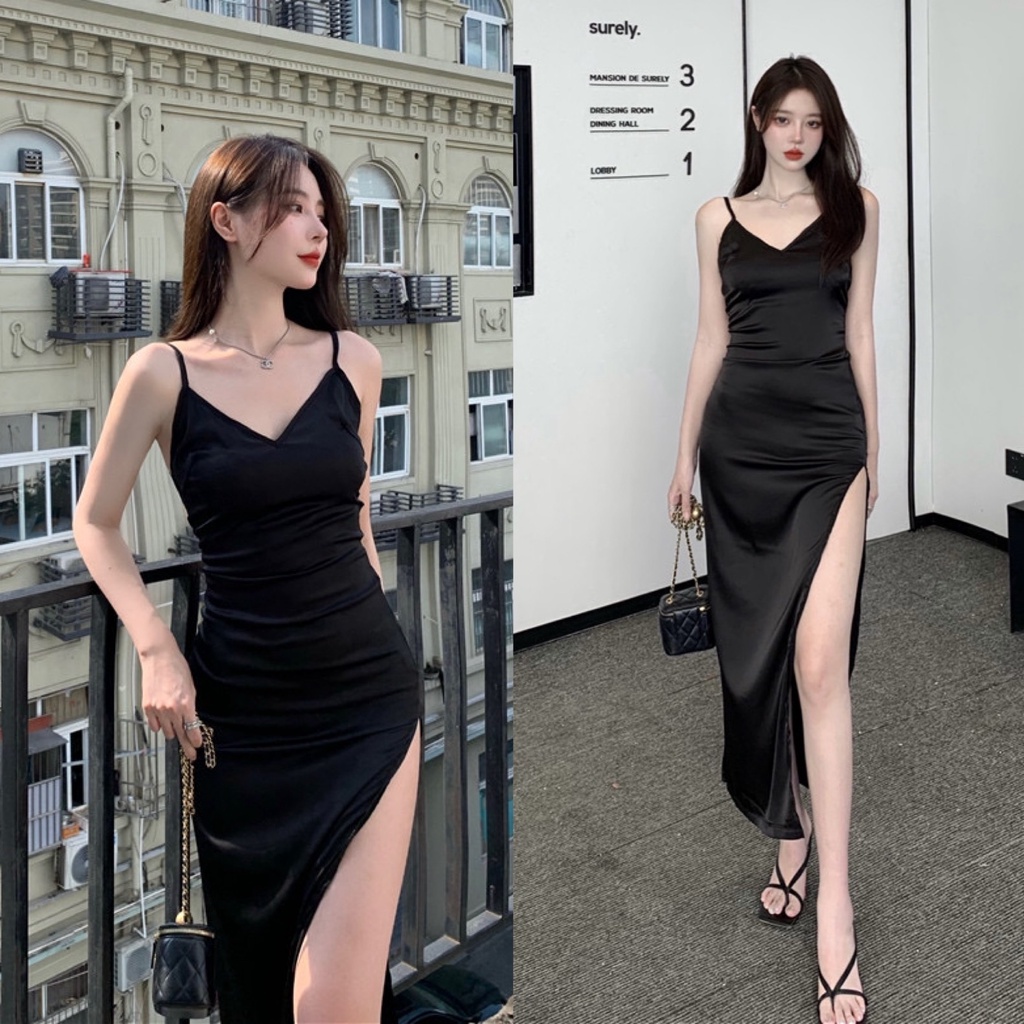 Đầm hai dây dáng ôm xẻ tà Emilyshop ulzzang