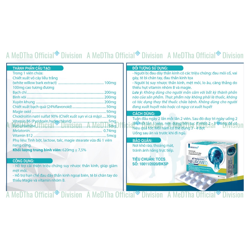 Bổ Thần Kinh Neuromed - Giảm Căng Thẳng, Mất Ngủ, Lo Âu, Đau Vai Gáy, Đau Thần Kinh Tọa