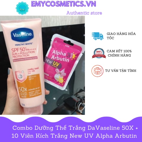 Combo Trắng Da Body Vaseline 50x và vĩ kích trắng alpha arbutin new uv mới Thái Lan