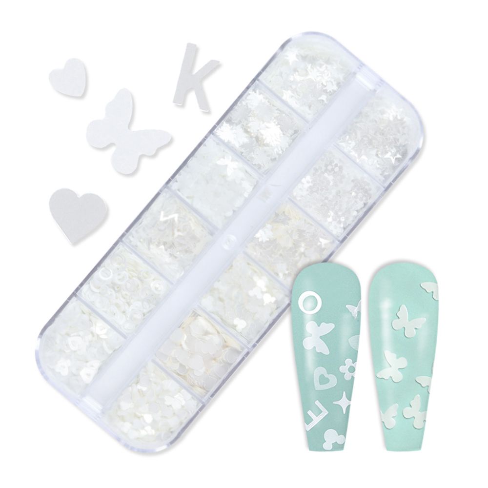 [Hàng mới về] Sequin trang trí móng màu trắng tin khiết hình trái tim/bướm/bất đối xứng
