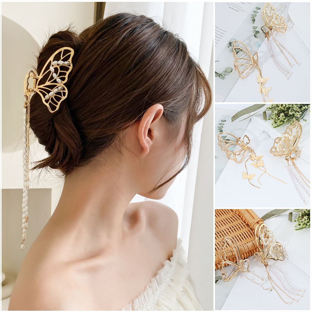 Kẹp Tóc Hợp Kim Hình Đuôi Cá Đính Ngọc Trai Phối Tua Rua Thời Trang