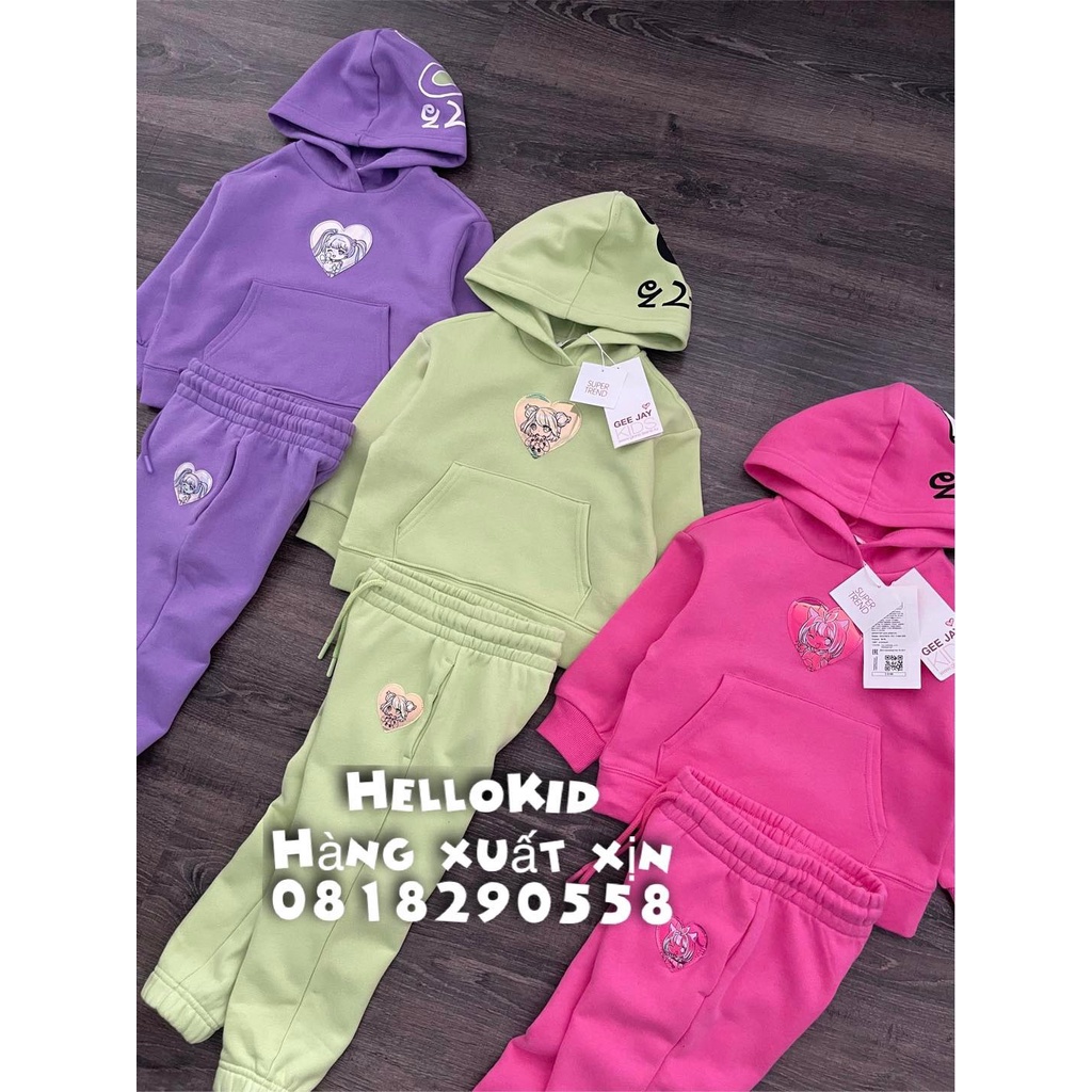 B341 - Bộ nỉ trơn hoodie bé gái huy hiệu bóng