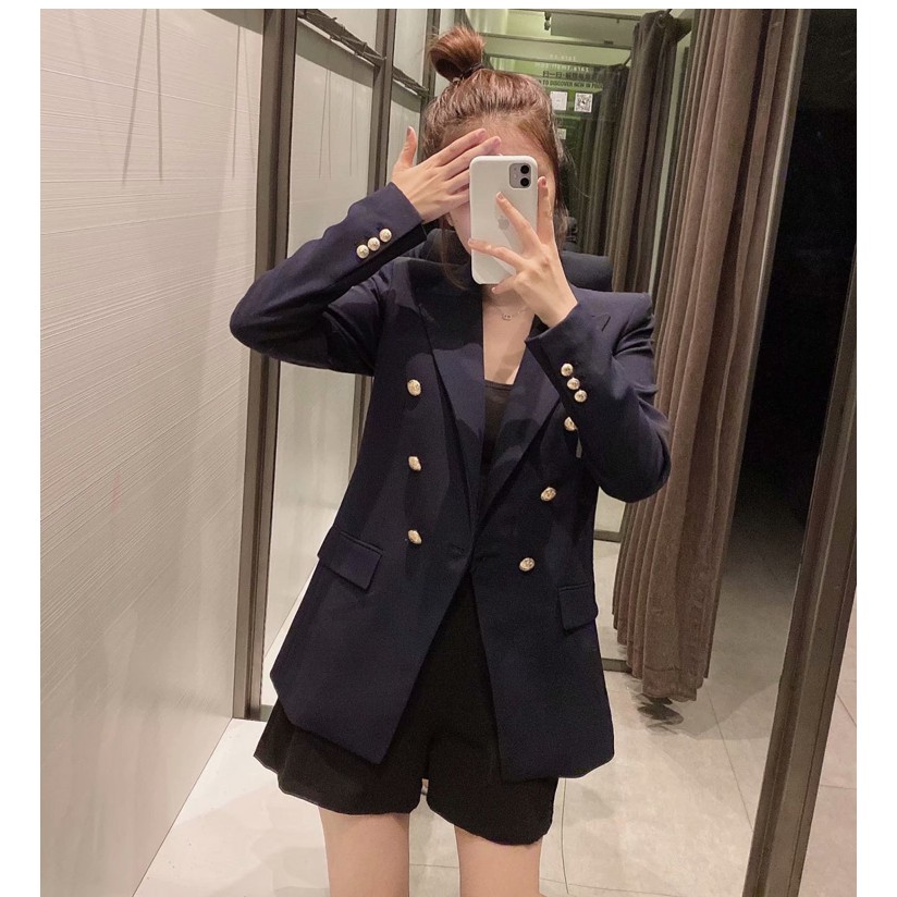 ÁO KHOÁC ZARA NỮ BLAZER CÀI KHUY KIM LOẠI MÀU XANH BIỂN