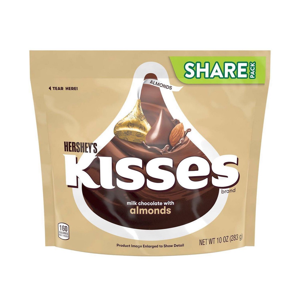 TÚI 283g SOCOLA SỮA HẠNH NHÂN Hershey's Kisses Almond Chocolate Candy, Share Bag (10oz)