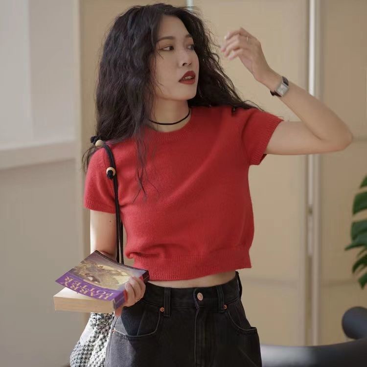 Áo Thun Dệt Kim Tay Ngắn Màu Xanh Lá Phong Cách retro Thời Trang Hàn Quốc