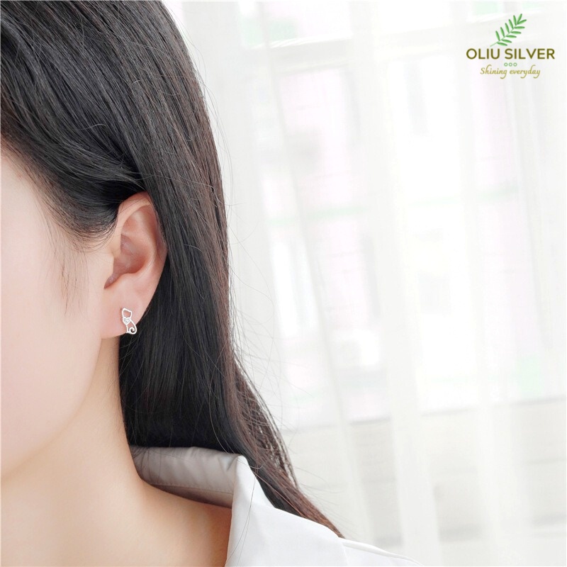 Bông Tai Bạc S925 Mèo Ôm Tim Dễ Thương | Khuyên Tai Nữ Trang Sức Bạc Thời Trang