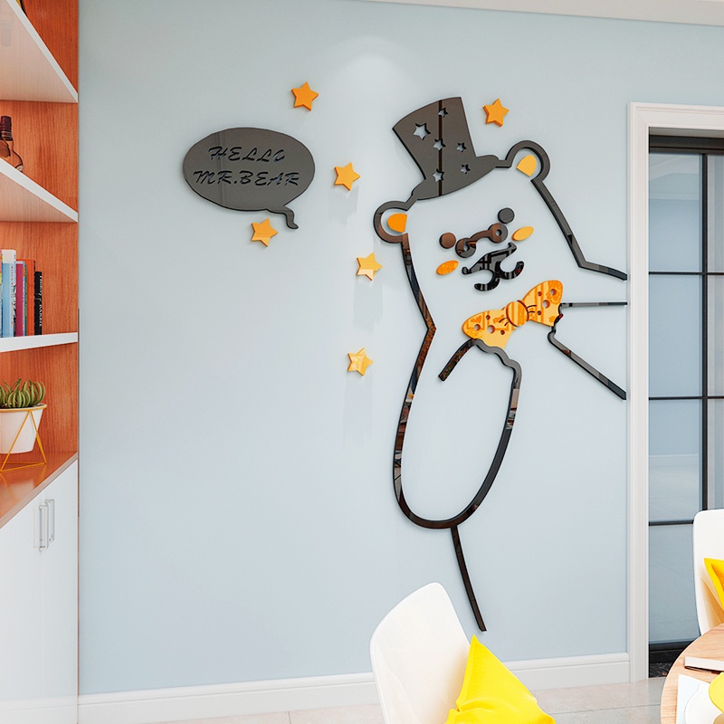 Tranh dán tường mica 3d decor khổ lớn gấu lớn lịch lãm Dán Cửa trang trí mầm non, phòng cho bé Nhiều Size - EPeBen