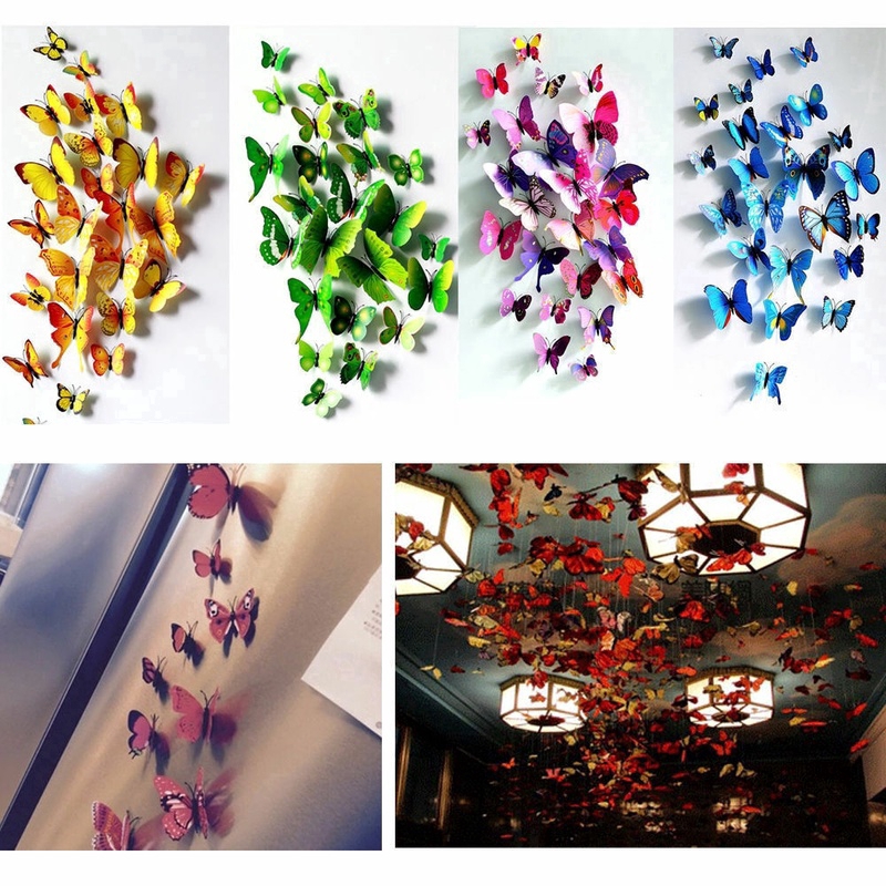 Bộ 12 miếng dán tường hình bướm 3D nghệ thuật trang trí không gian