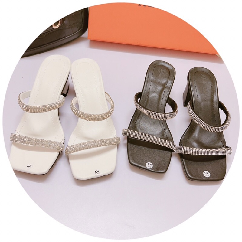 Dép cao gót đế vuông 6p 2 quai đá to đẹp sang hết sức