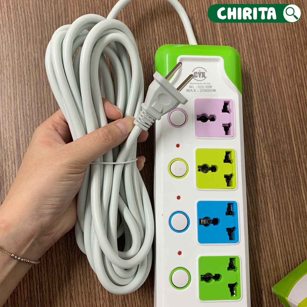 Ổ Cắm Điện Đa Năng Có Cổng USB 4 Phích Cắm 3 Chấu Loại Tốt  CYX 325U - Ổ Cắm Thông MInh Có 2 cổng Sạc USB