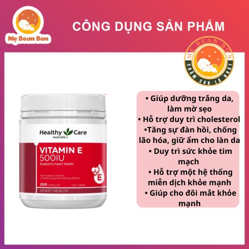 Viên uống Healthy Care Vitamin E 500IU, 200 viên hỗ trợ tái tạo, làm đẹp da và tóc hỗ trợ sức khỏe tim mạch của úc