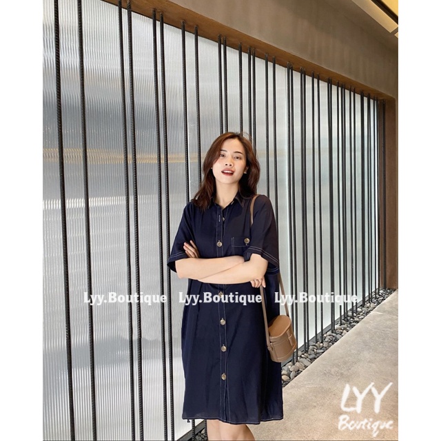Váy sơ mi dáng ULZZANG đuôi tôm suông tay cộc chất đũi linen, Đầm sơmi viền chỉ nổi oversize LYY BOUTIQUE