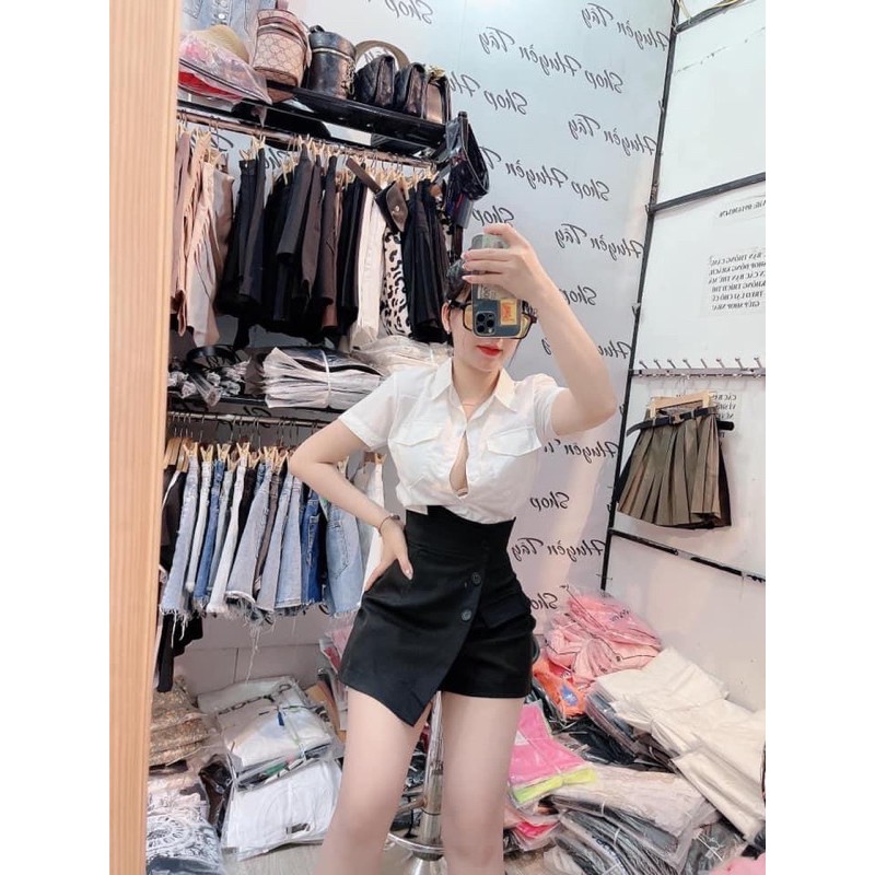 Áo sơ mi lụa gấm cộc tay 2 túi ngực