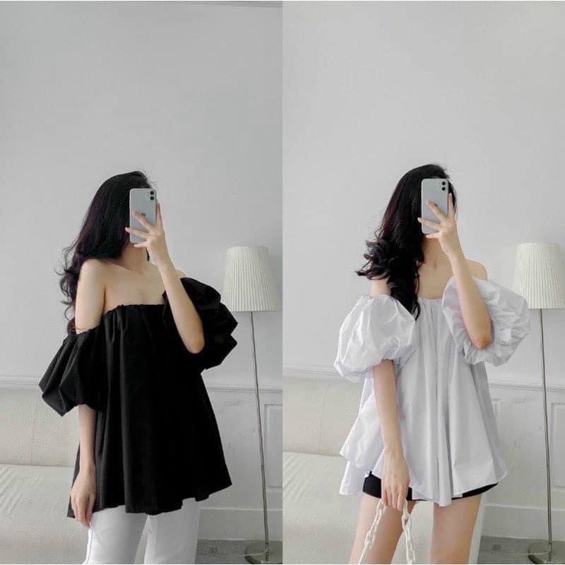 Áo trễ vai tay phồng fom rộng dấu quần sexy