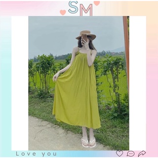 Váy maxi 2 dây phối hoa, đầm suông xanh bơ siêu xinh đi biển đi chơi thời trang SM STORE
