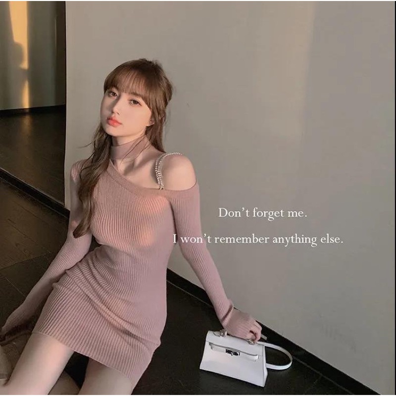 [Váy] Đầm body dài tay hai màu đen hồng chất len tăm tôn dáng phong cách quyến rũ dành cho nữ | BigBuy360 - bigbuy360.vn