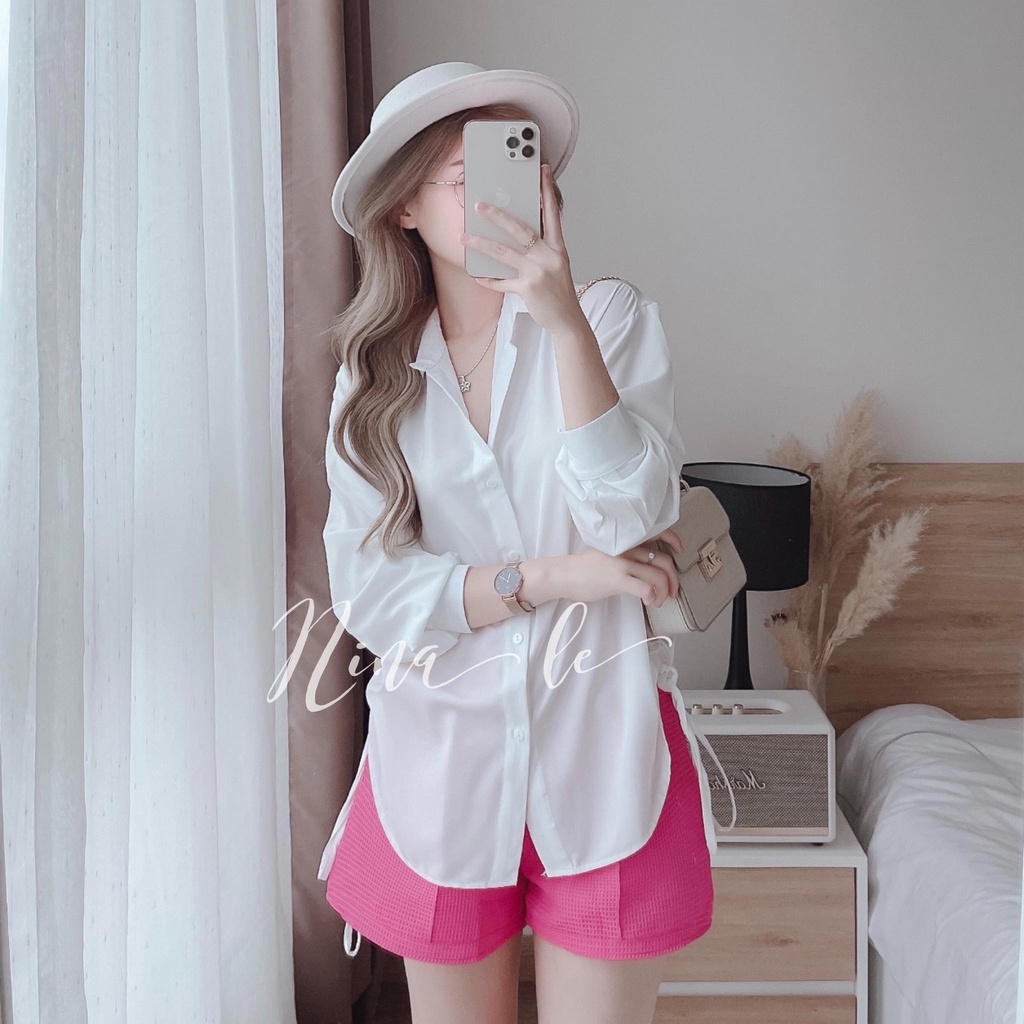 Sét bộ sơ mi dài tay rút dây (Trắng, Hồng) phối quần đùi xinh xắn thời trang nữ đi chơi, đi biển