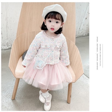 Váy thu đông bé gái kèm áo khoác dạ xinh xắn và tặng túi đeo siêu cute size 10-18kg [SV12]