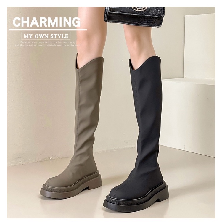 Boots nữ cổ cao dưới đầu gối da nhám lì đế bằng 5cm có khoá kéo - B55