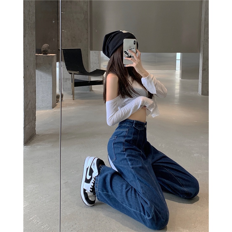 QKOOLE Quần jean  ống đứng lưng cao phong cách cổ điển Hàn Quốc cho nữ