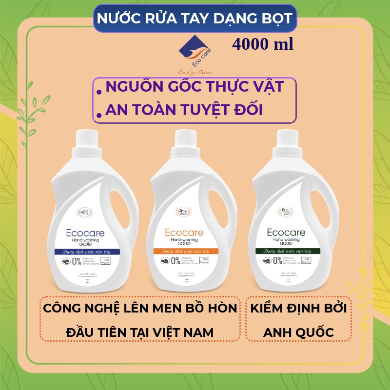 Nước rửa tay tạo bọt Hữu cơ 4000ml, Nước rửa tay diệt khuẩn tinh dầu tự nhiên Ecocare [Tặng vỏ tạo bọt]