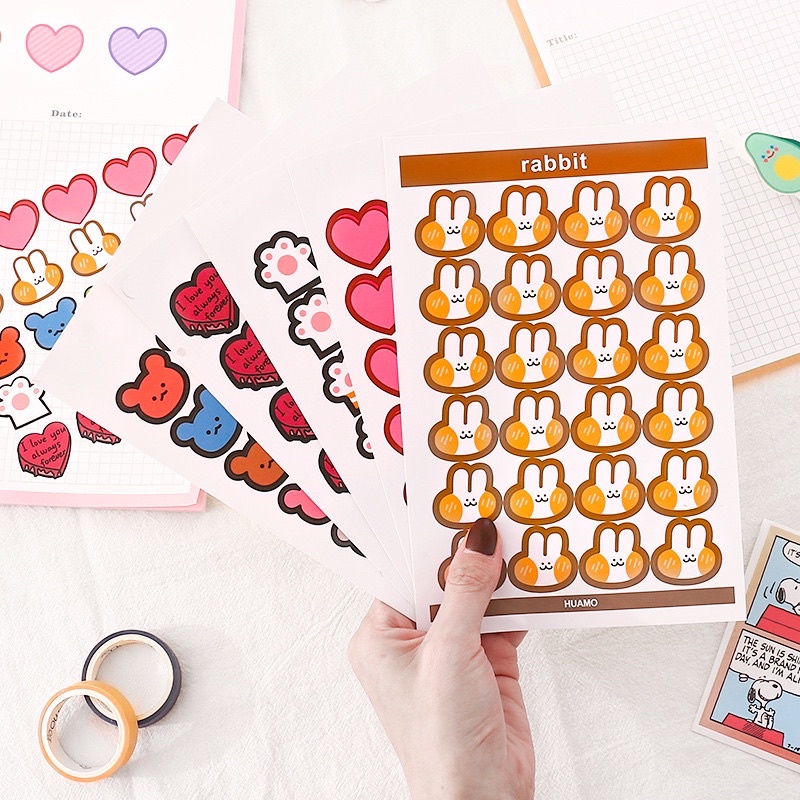 Miếng dán sticker tròn, gấu, thỏ chống nước trang trí nhân vật hoạt hình
