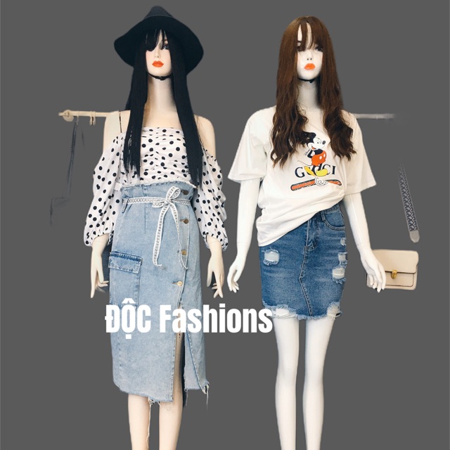 SET ÁO TRẮNG CHẤM BI - CHÂN VÁY JEANS XẺ VÀ ÁO PHÔNG CHÂN VÁY ÔM