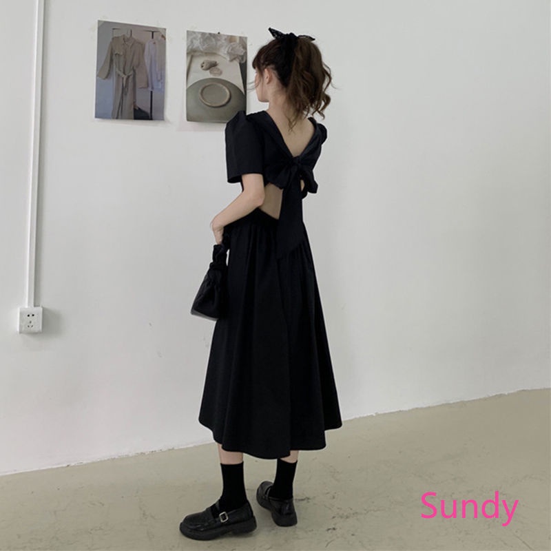 Đầm Tay Phồng Hở Lưng Thắt Nơ Phong Cách Vintage Thời Trang Mùa Hè Cho Nữ