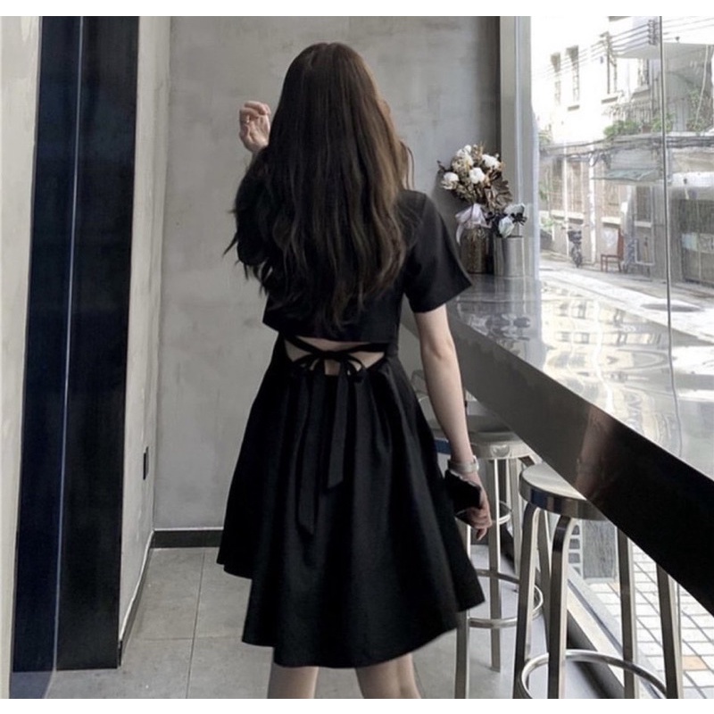 ĐẦM ĐEN TAY NGẮN DIVIA DRESS thiết kế cut-out lưng phần eo có bo chun co giãn và thắt nơ sau lưng | WebRaoVat - webraovat.net.vn