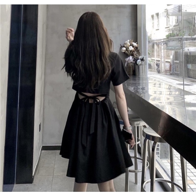 ĐẦM ĐEN TAY NGẮN DIVIA DRESS thiết kế cut-out lưng phần eo có bo chun co giãn và thắt nơ sau lưng