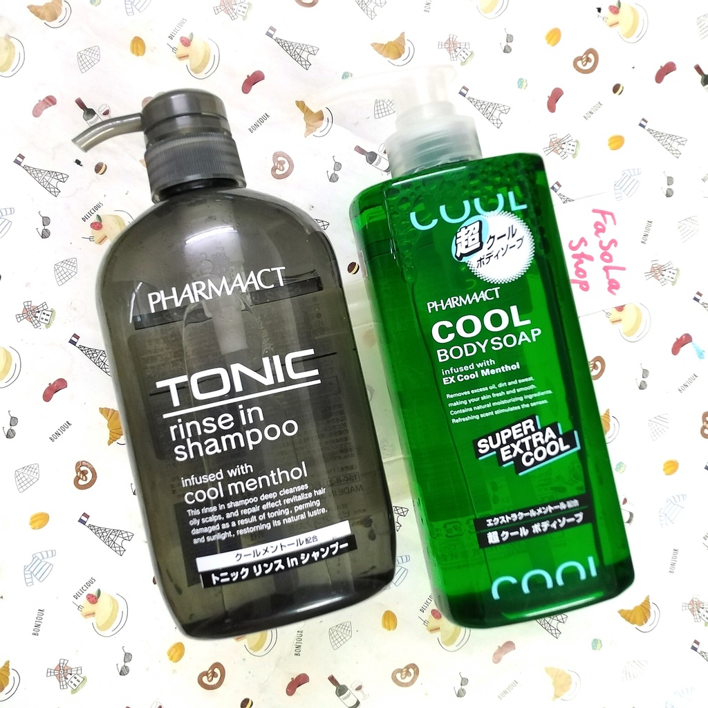 Bộ sữa tắm / dầu gội nam PHARMAACT Nhật Bản chai siêu to 600ml bạc hà mát lạnh cool bodysoap tonic shampoo